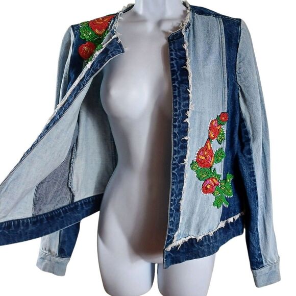 Relativity S Denim Beaded Floral Jacket Boho Beadwork Festival Hippie Western - Picture 3 of 8